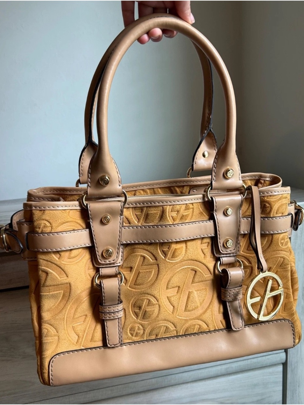 Francesco Biasia Tan Logo-Embossed Leather Buckle Purse & Pouch